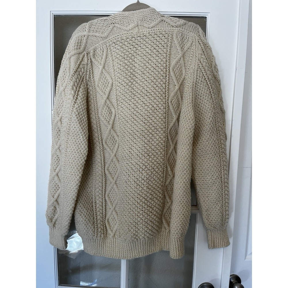 Athena Designs Irish Handknit‎ Wool Cable Knit Sweater Size L Cream Beige V Neck - Picture 7 of 10